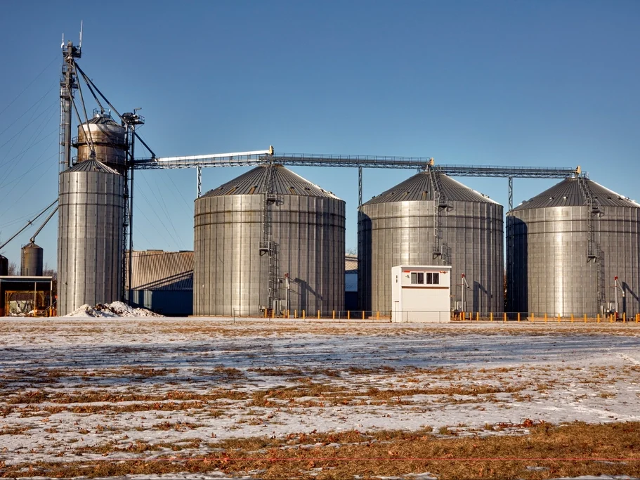 row metal grain silos Michigan